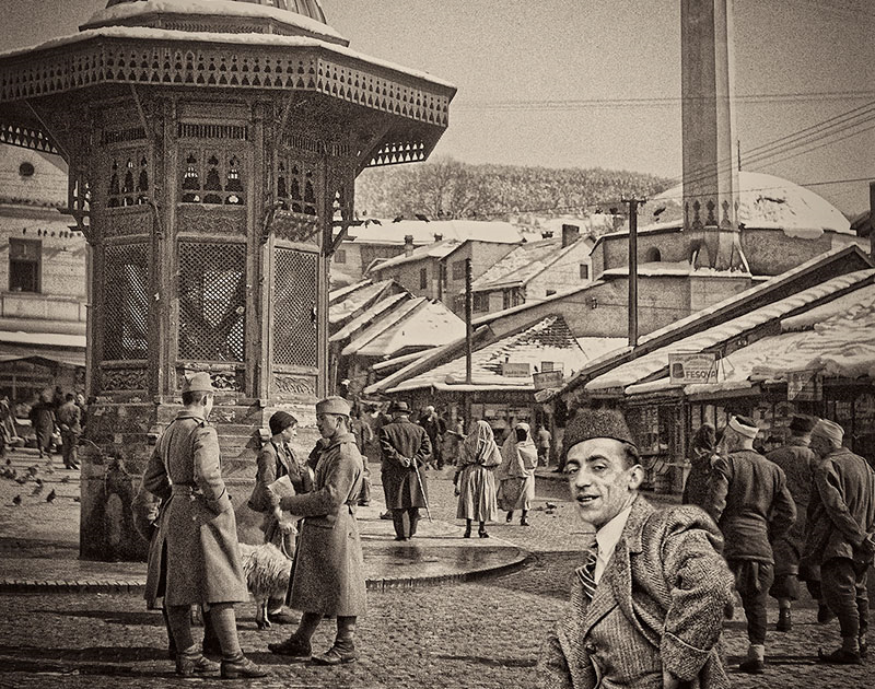 Alija M. Akšamija: Bosnian gentlemen in Bašcaršija, Sarajevo, 1939. Mehmed A. Akšamija Photo Collection